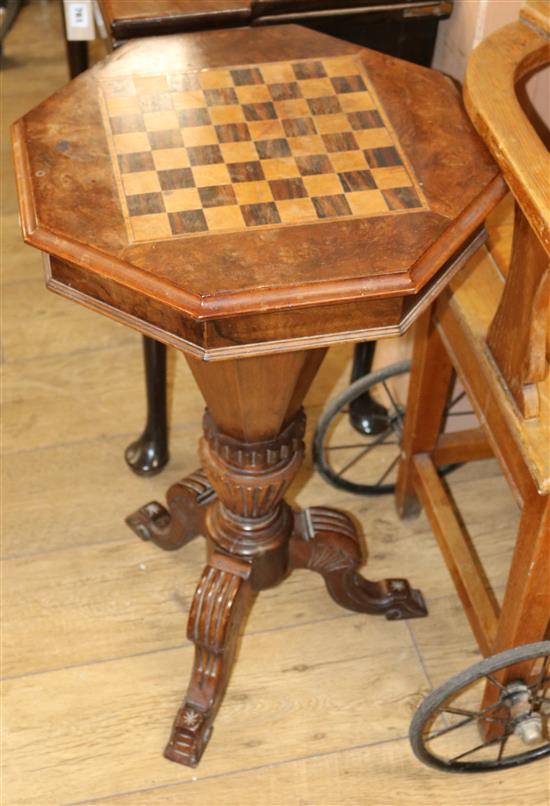 A Victorian walnut trumpet work table with chequer top W.45cm